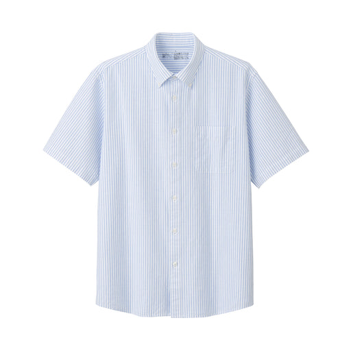 Men's Washed Oxford Button Down Patterned Short Sleeve Shirt White Stripe MUJI