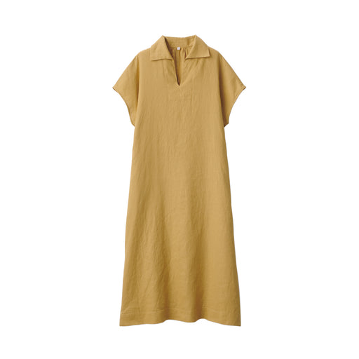 Women's Washed Linen Skipper Collar Short Sleeve Dress Smoky Yellow MUJI