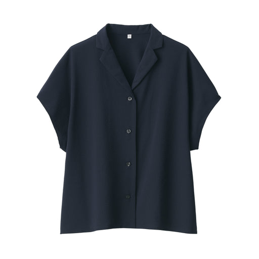 Women's Seersucker Open Collar Short Sleeve Shirt Dark Navy MUJI