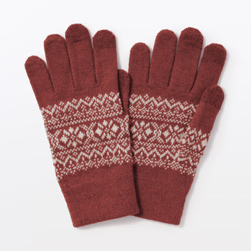 Wool Blend Touchscreen Gloves Red Pattern MUJI