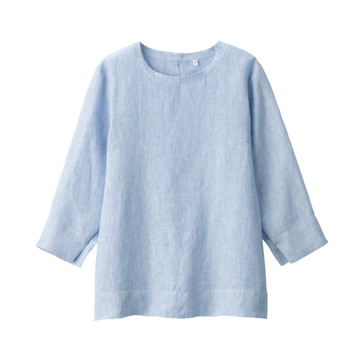 Women's Washed Linen 3/4 Sleeve Blouse Smoky Blue Stripe MUJI