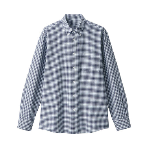 Men's Washed Oxford Button Down Long Sleeve Patterned Shirt Navy Check MUJI