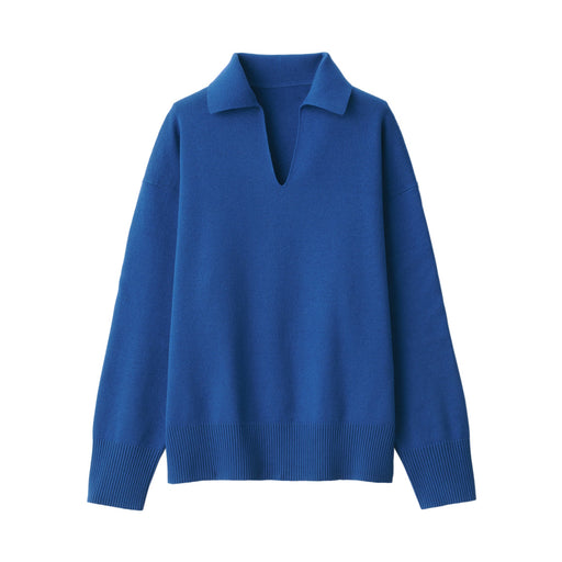 Women's Washable Milano Rib Knit Skipper Polo Sweater Blue MUJI