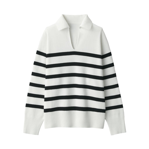 Women's Washable Milano Rib Knit Striped Skipper Polo Sweater White Stripe MUJI