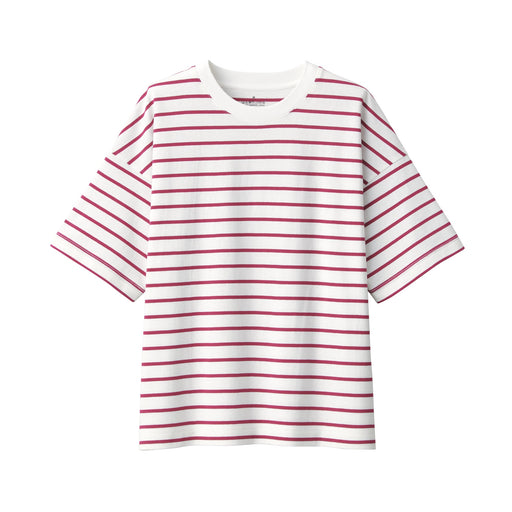 Women's Crew Neck Short Sleeve Striped T-Shirt Pink Stripe MUJI