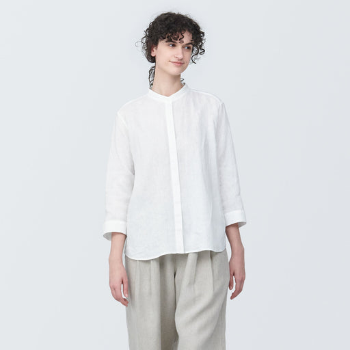 Women's Washed Linen Stand Collar 3/4 Sleeve Blouse MUJI