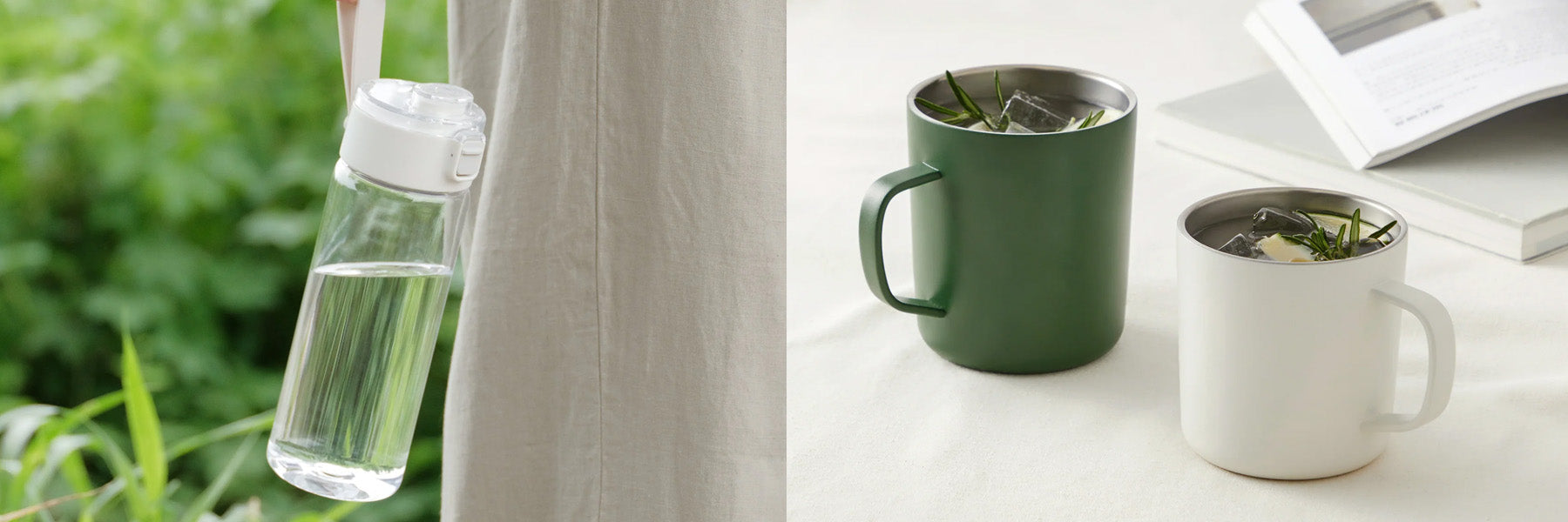 Water bottle held by strap; 2 stainless steel mugs on a table.