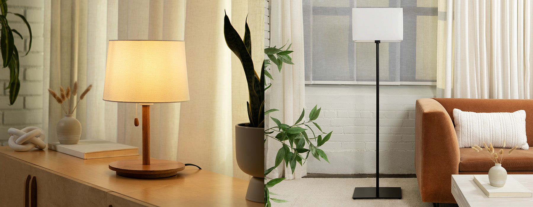 Wooden Table Lamp on a wooden cabinet; Floor Lamp in living room setting 
