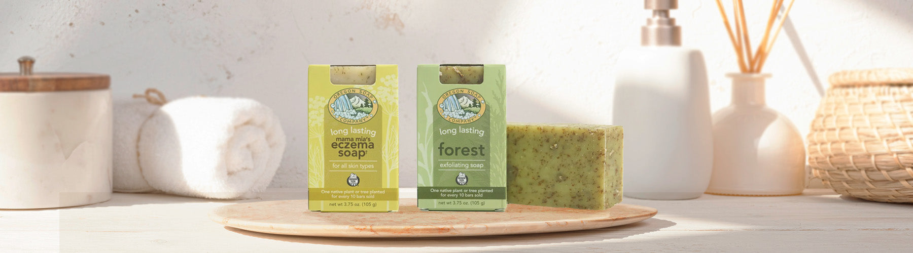 Oregon Soap Company Bars on a bathroom counter top.