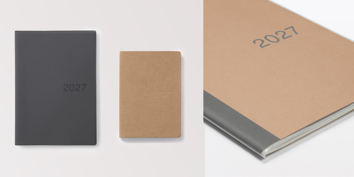 two planners side by side and a close up of a brown notebook with 2027
