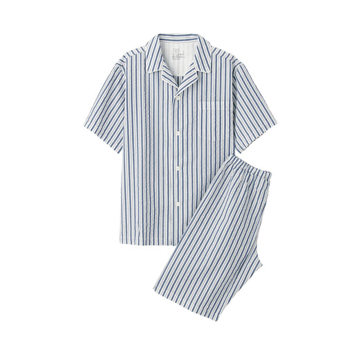 Men's Side Seamless Seersucker Short Sleeve Pajamas Dark Navy Stripe MUJI