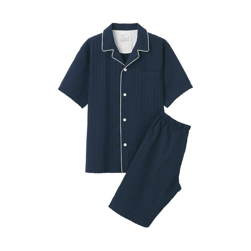 Men's Side Seamless Seersucker Short Sleeve Pajamas Dark Navy MUJI