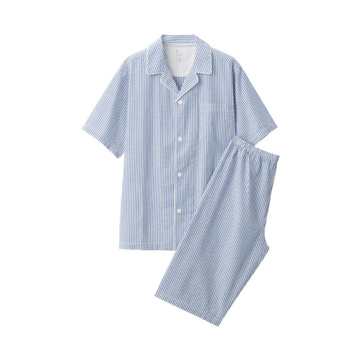 Men's Side Seamless Seersucker Short Sleeve Pajamas Blue Stripe MUJI