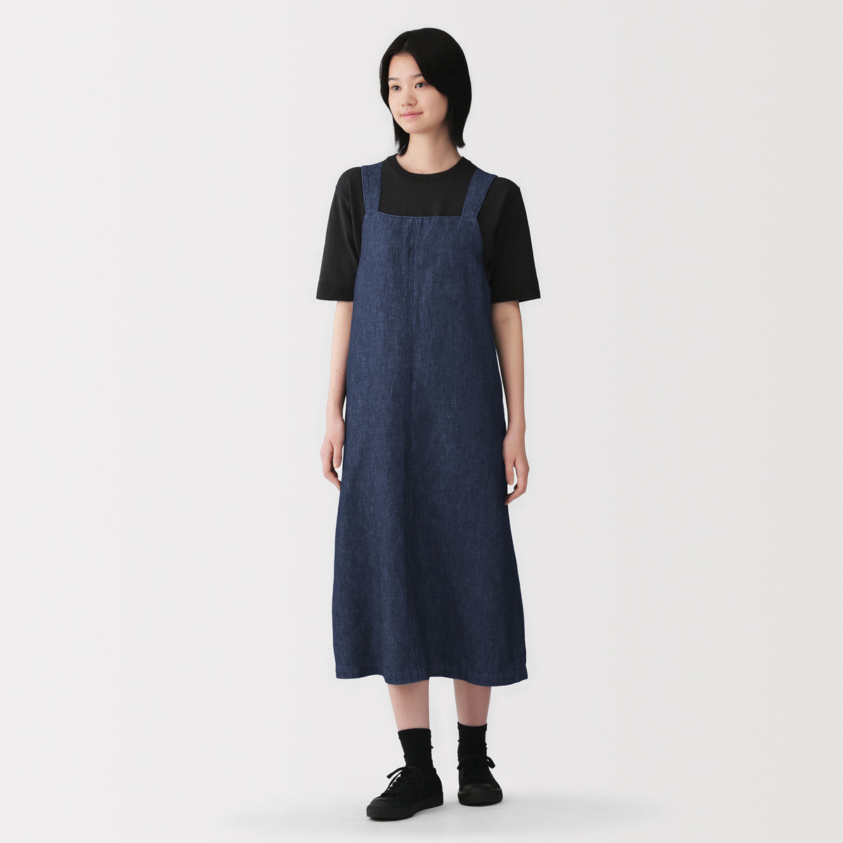 【2回着用】layered peplum denim jumper skirt Hemp Blend Denim Jumper Skirt | Women's Dresses | MUJI USA