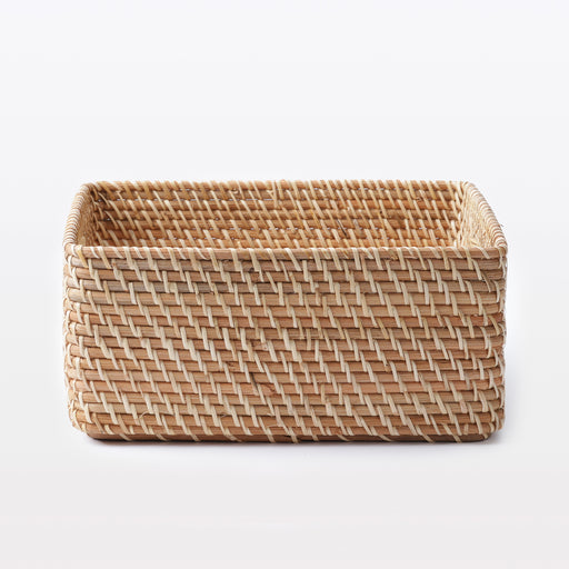 Rattan Stackable Square Basket With Handle - Medium W13.8 x D14.2 x H6.3" MUJI