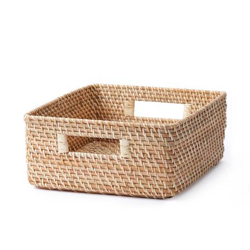 Rattan Stackable Square Basket With Handle - Medium W13.8 x D14.2 x H6.3" MUJI