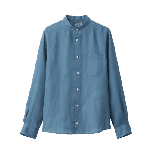 Men's French Linen Washed Stand Collar Shirt Aqua Blue MUJI