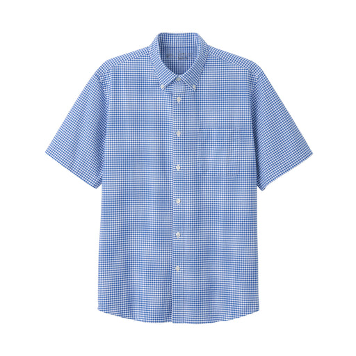 Men's Washed Oxford Button Down Patterned Short Sleeve Shirt Blue Check MUJI