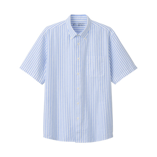 Men's Washed Oxford Button Down Patterned Short Sleeve Shirt Saxe Blue Stripe MUJI
