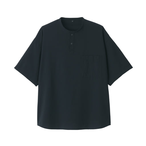 Men's Seersucker Henry Neck Woven T-Shirt Black MUJI