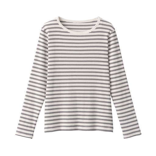 Women's Stretch Ribbed Crew Neck Long Sleeve Striped T-Shirt Off White Stripe MUJI