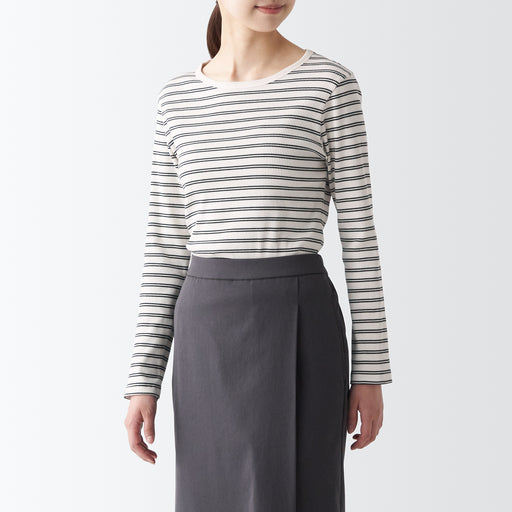 Women's Stretch Ribbed Crew Neck Long Sleeve Striped T-Shirt MUJI