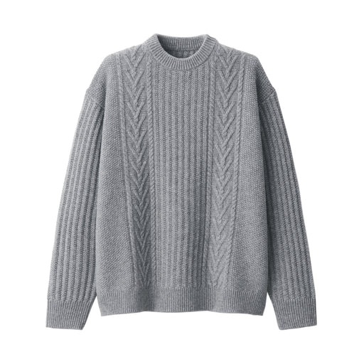 Men's Merino Wool Cable Pattern Crew Neck Sweater Gray MUJI