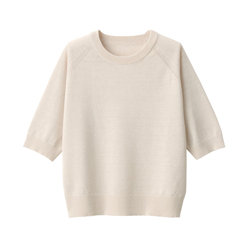Women's Hemp Blend Crew Neck Half Sleeve Sweater Beige MUJI