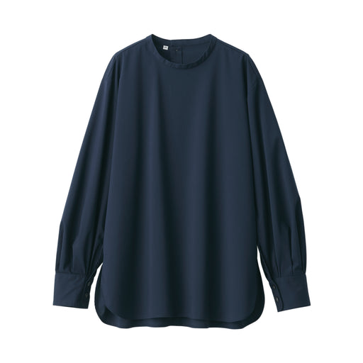 Women's Wrinkle Resistant Poplin Stand Collar Long Sleeve Blouse Dark Navy MUJI