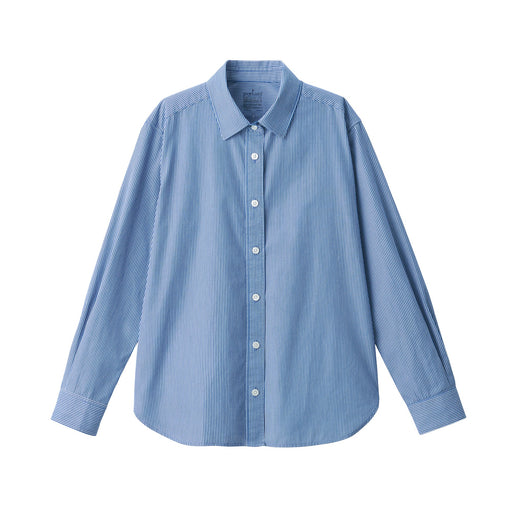 Women's Washed Broad Regular Collar Long Sleeve Striped Shirt Navy Stripe MUJI