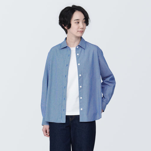 Women's Washed Broad Regular Collar Long Sleeve Striped Shirt MUJI