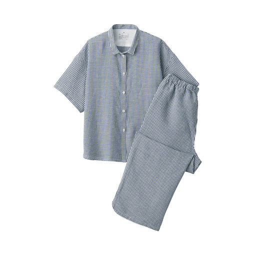Women's Cool Touch Lyocell Linen Short Sleeve Pajamas Dark Navy Check MUJI