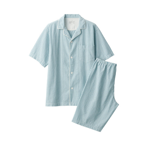 Men's Side Seamless Seersucker Short Sleeve Pajamas Smoky Blue Stripe MUJI
