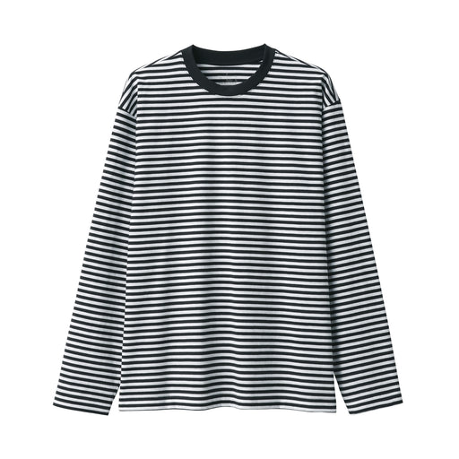 Men's Jersey Crew Neck Long Sleeve Striped T-Shirt Black Stripe MUJI