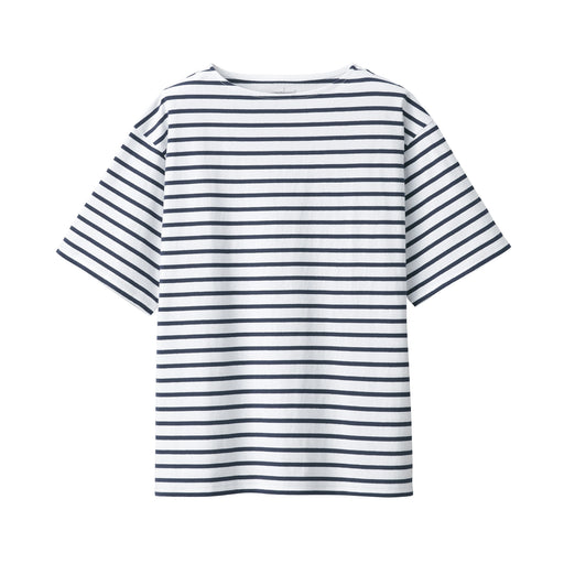 Men's Washed Heavyweight Boat Neck 1/2 Sleeve Patterned T-Shirt Dark Navy Stripe MUJI