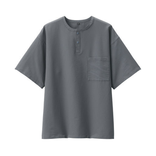 Men's Seersucker Henley Neck Woven Short Sleeve T-Shirt Charcoal Gray MUJI