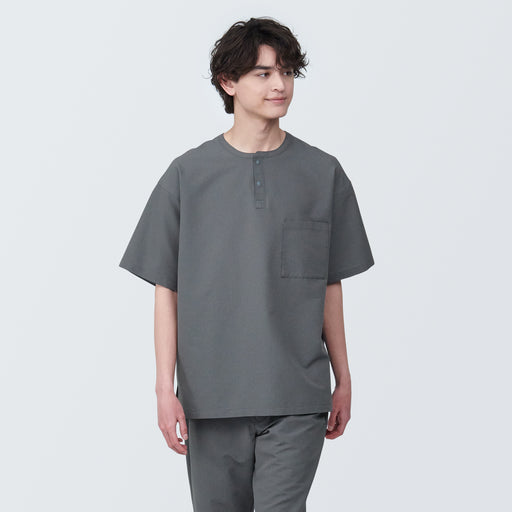 Men's Seersucker Henley Neck Woven T-Shirt MUJI