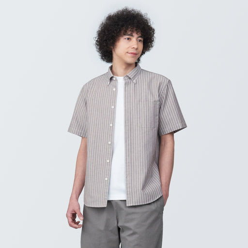 Men's Washed Oxford Button Down Short Sleeve Striped Shirt MUJI