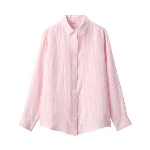 Women's Washed Linen Regular Collar Long Sleeve Striped Shirt Pink Stripe MUJI