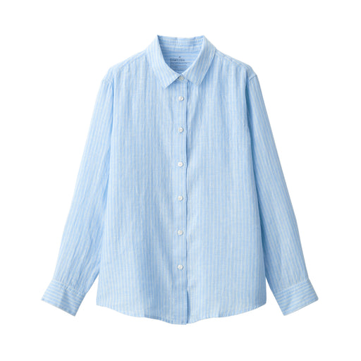 Women's Washed Linen Regular Collar Long Sleeve Striped Shirt Light Blue Stripe MUJI