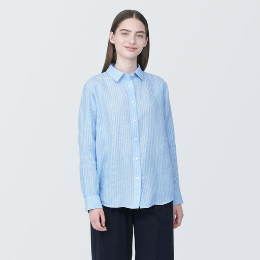 Women's Washed Linen Regular Collar Long Sleeve Striped Shirt MUJI