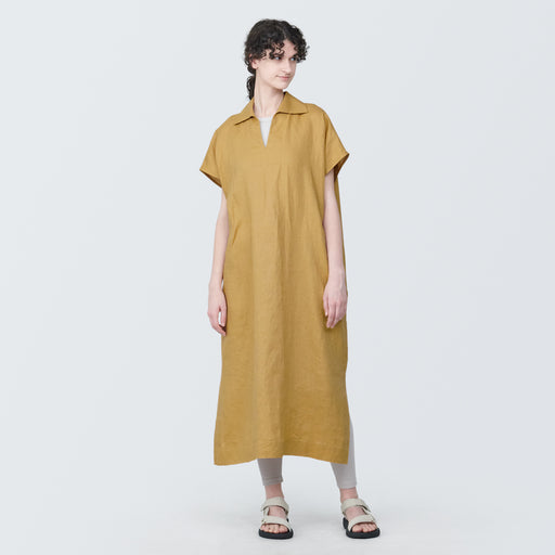 Women's Washed Linen Skipper Collar Short Sleeve Dress MUJI
