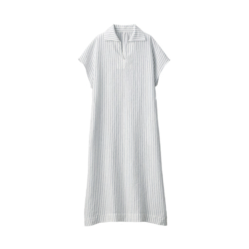 Women's Washed Linen Skipper Collar Short Sleeve Striped Dress Off White Stripe MUJI