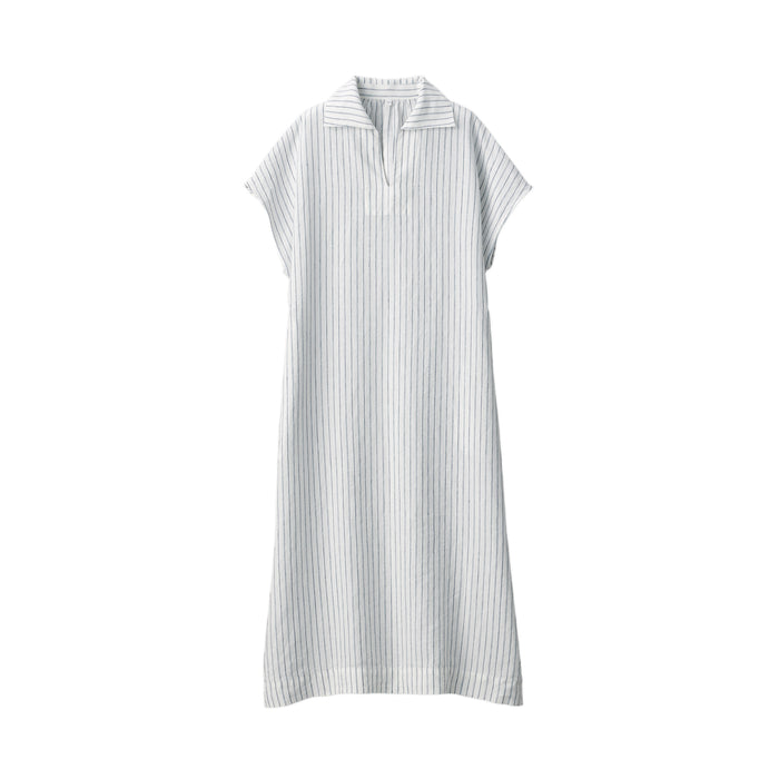 Women's Washed Linen Skipper Collar Short Sleeve Striped Dress
