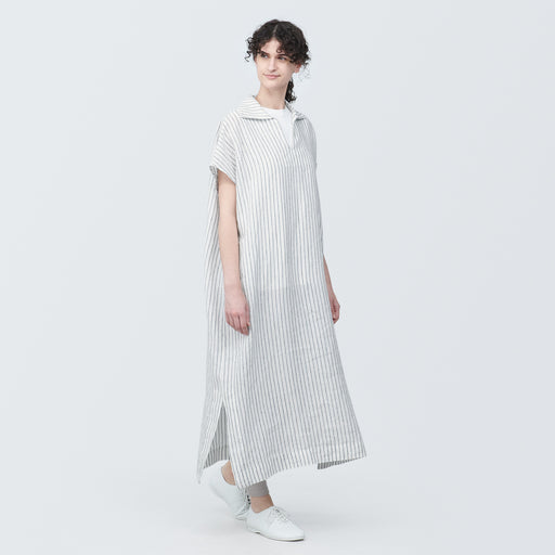 Women's Washed Linen Skipper Collar Short Sleeve Striped Dress MUJI