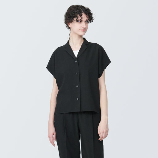 #24SS Women's Seersucker Open Collar Short Sleeve Shirt Black MUJI