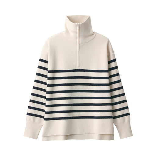 Women's Washable Milano Ribbed Half Zip Sweater Off White Stripe MUJI