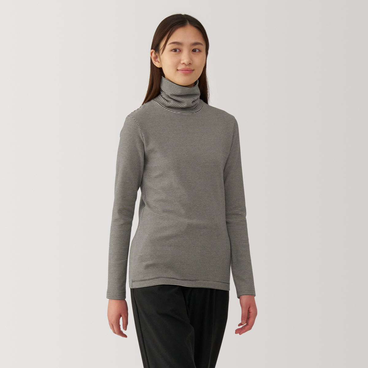 Women's Brushed Ribbed Turtleneck Long Sleeve Striped T-Shirt