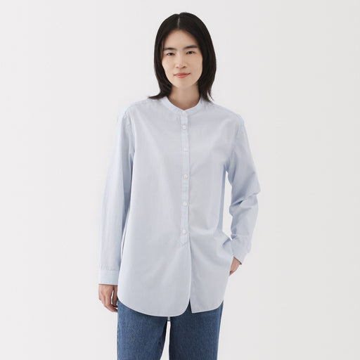 Women's Washed Broadcloth Stand Collar Long Shirt Light Blue Stripe MUJI