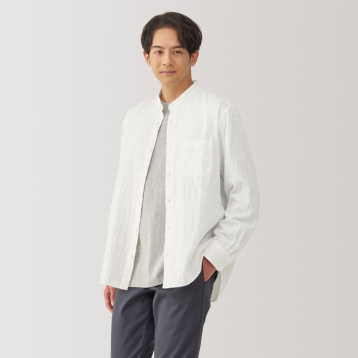 Men's Kapok Blend Double Gauze Stand Collar Long Sleeve Striped Shirt MUJI